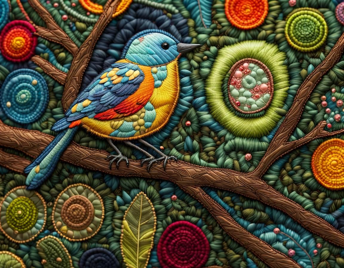 Surreal Quilted Tapestry with Magical Fireflies and Embroide...