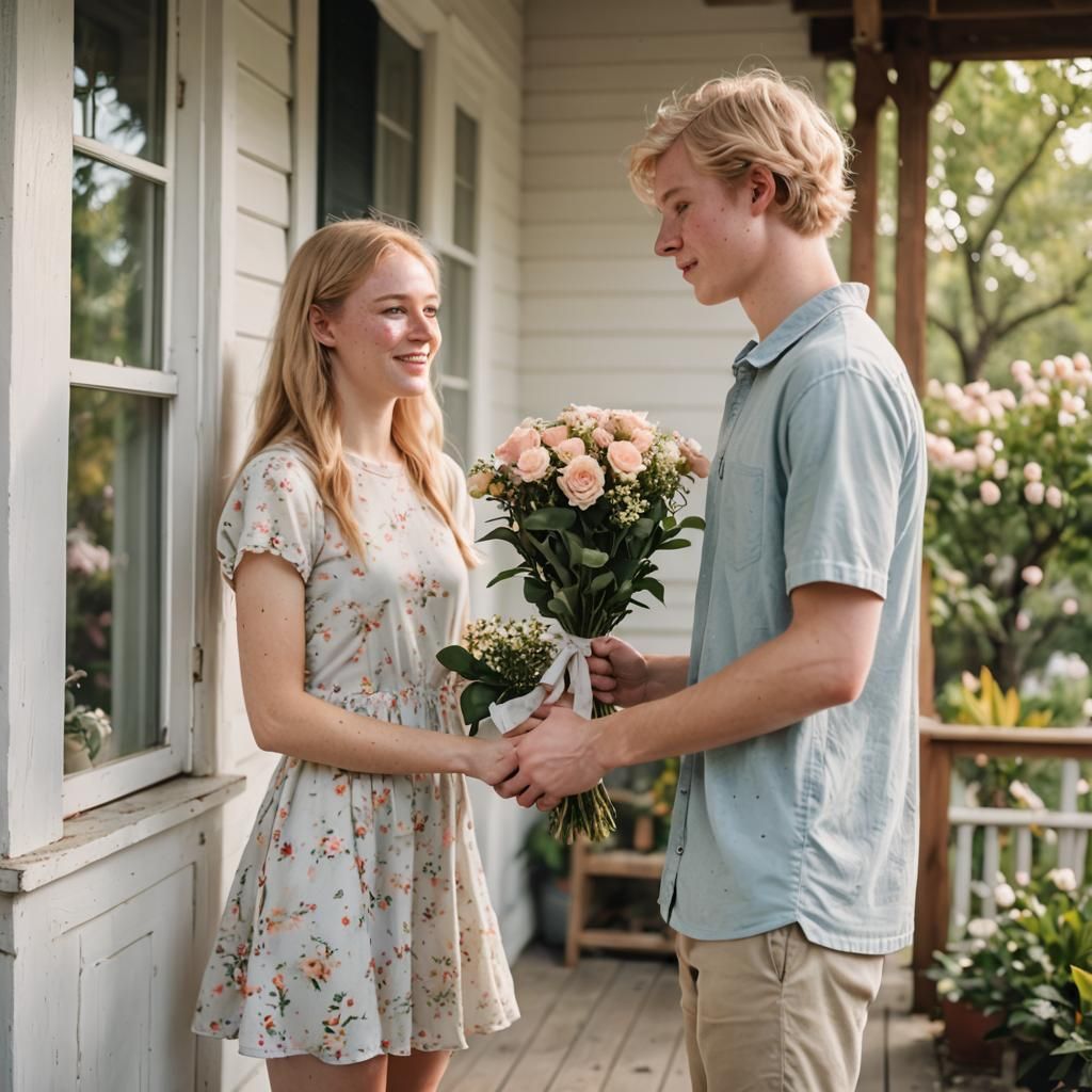 Ethereal Moment: Girl Gives Bouquet to Crossdressing Boy