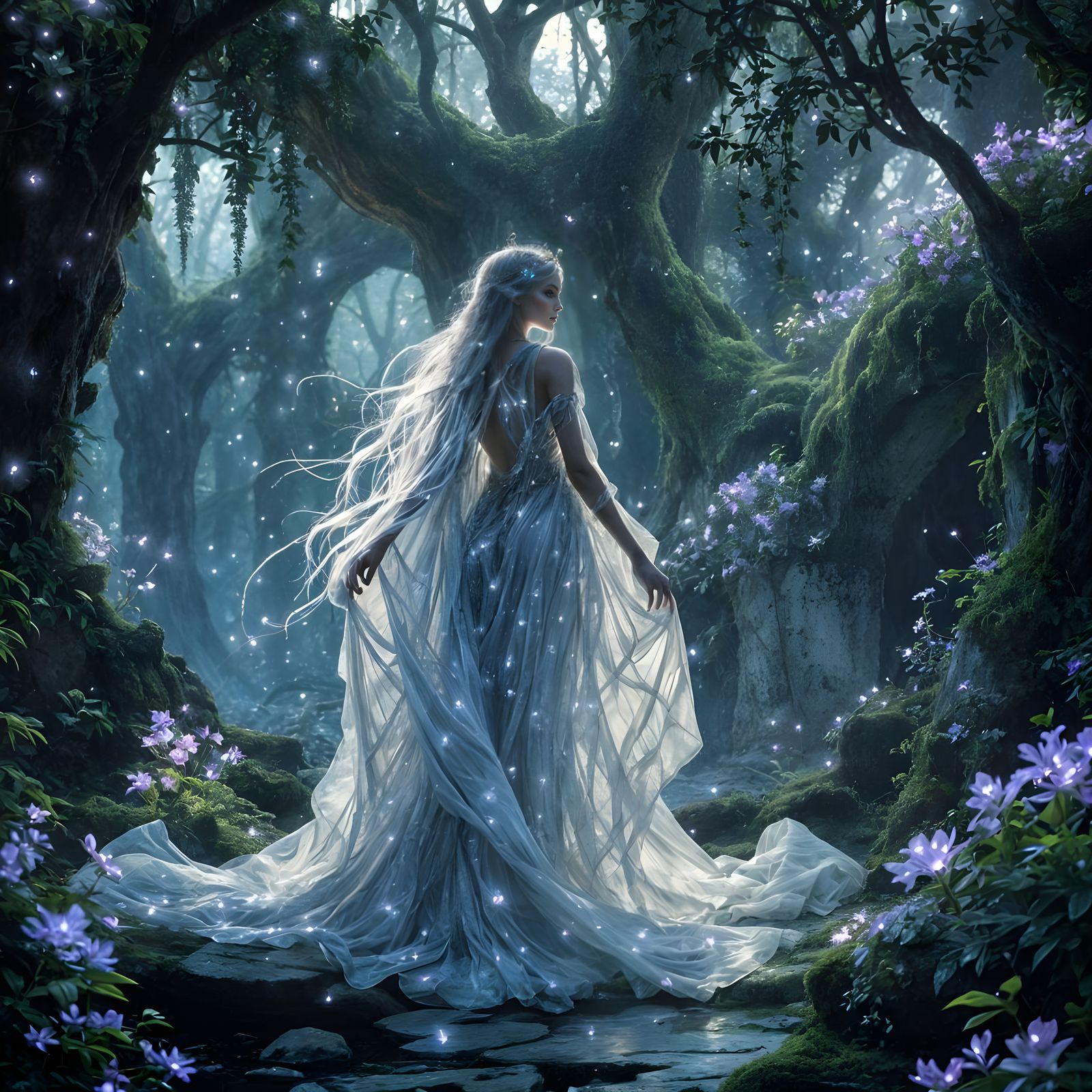 Ethereal Elven Queen in Moonlit Grove