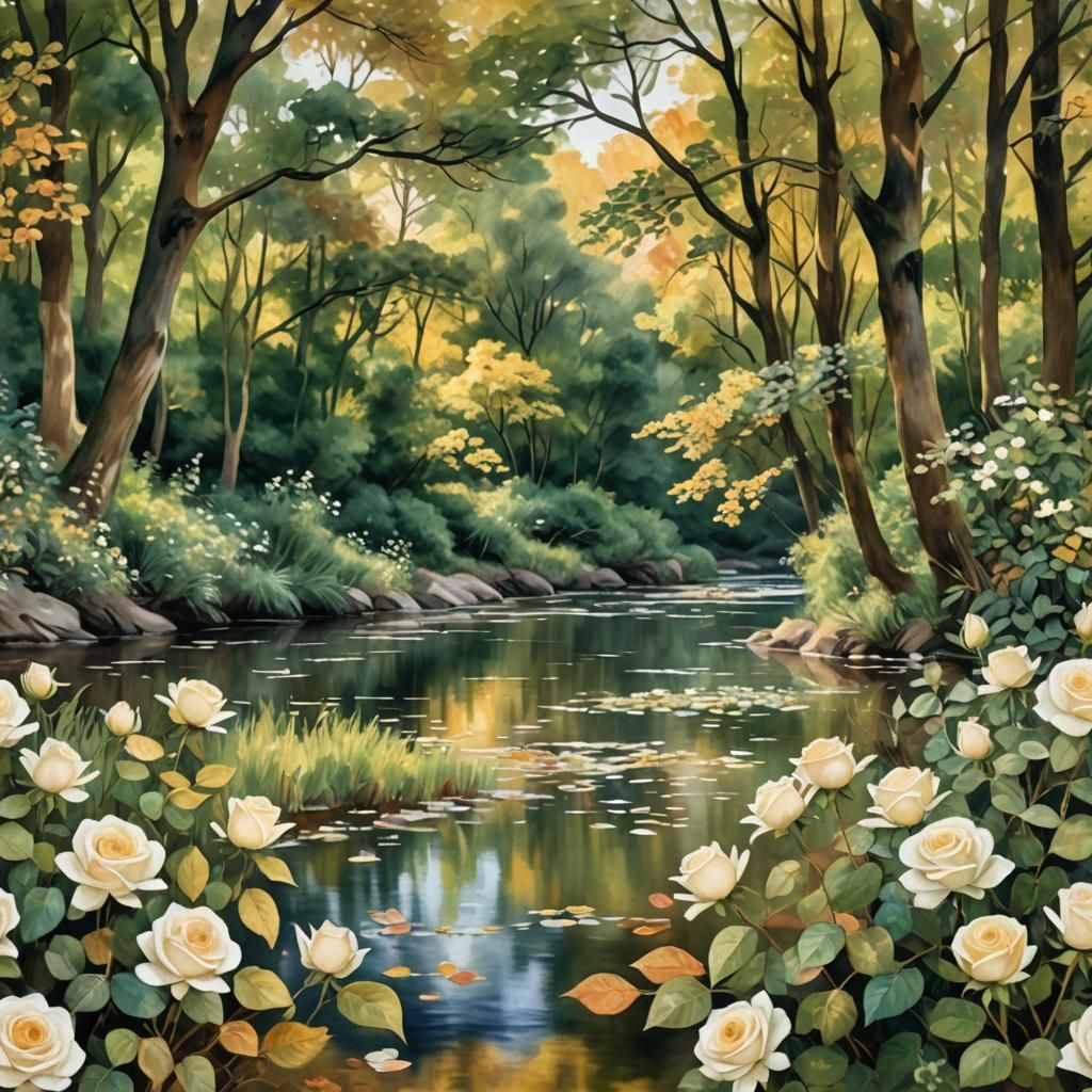 Autumn Riverbank in Warm, Impressionist Style