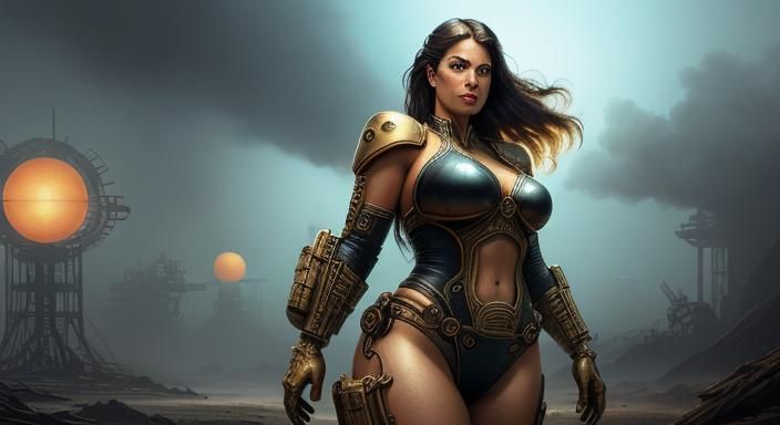 Dark fantasy sci-fi art. Medium shot. Betty Page-like BBW la...