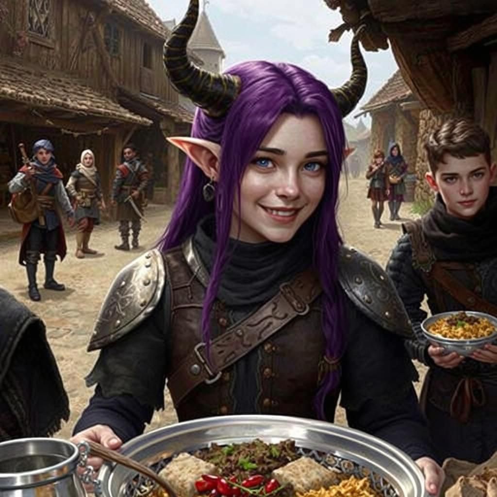 Elegant Tiefling Rogue Feeds the Poor in Whimsical Medieval....