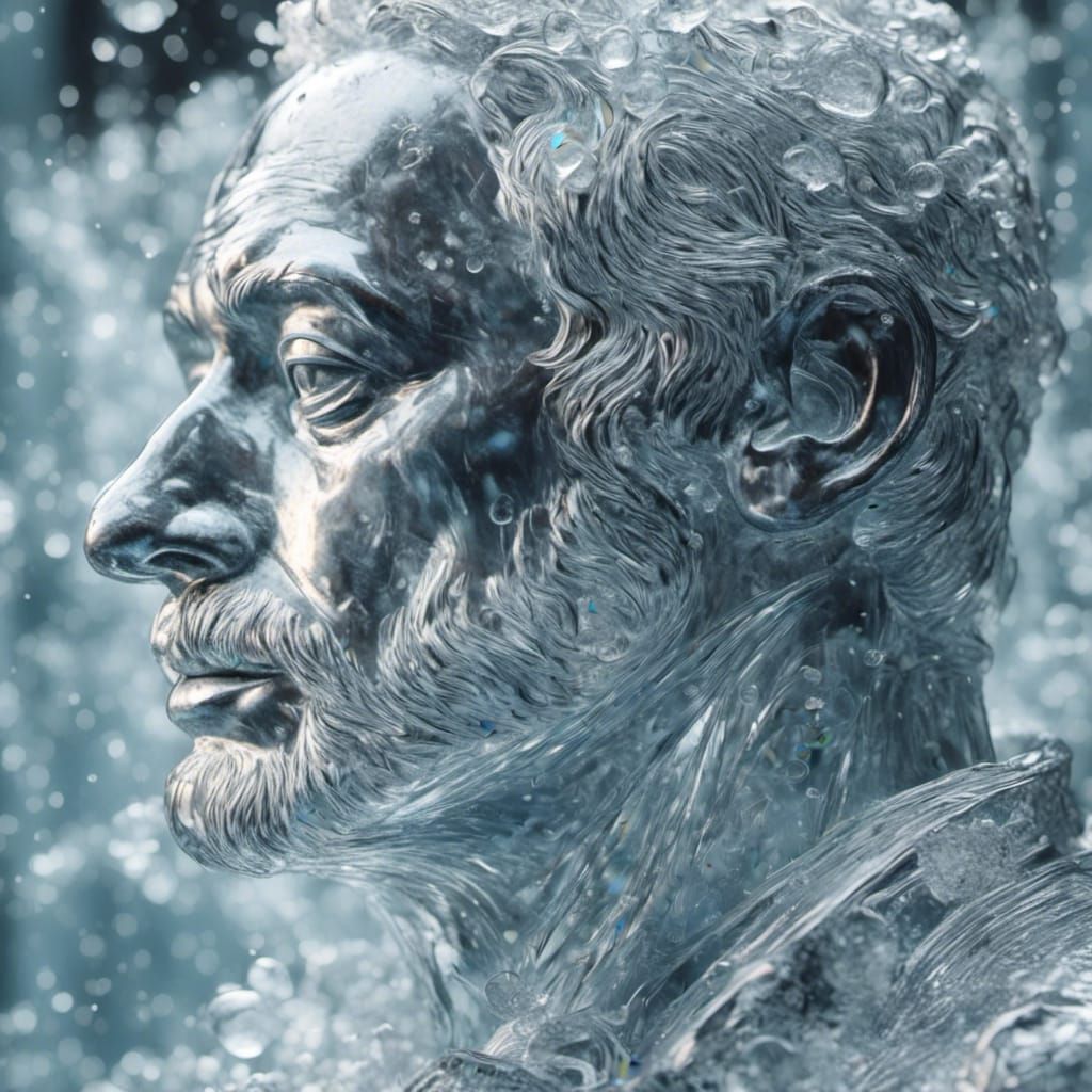 Hyperrealistic Ice Sculpture of Contemplative Figure in Luxu...