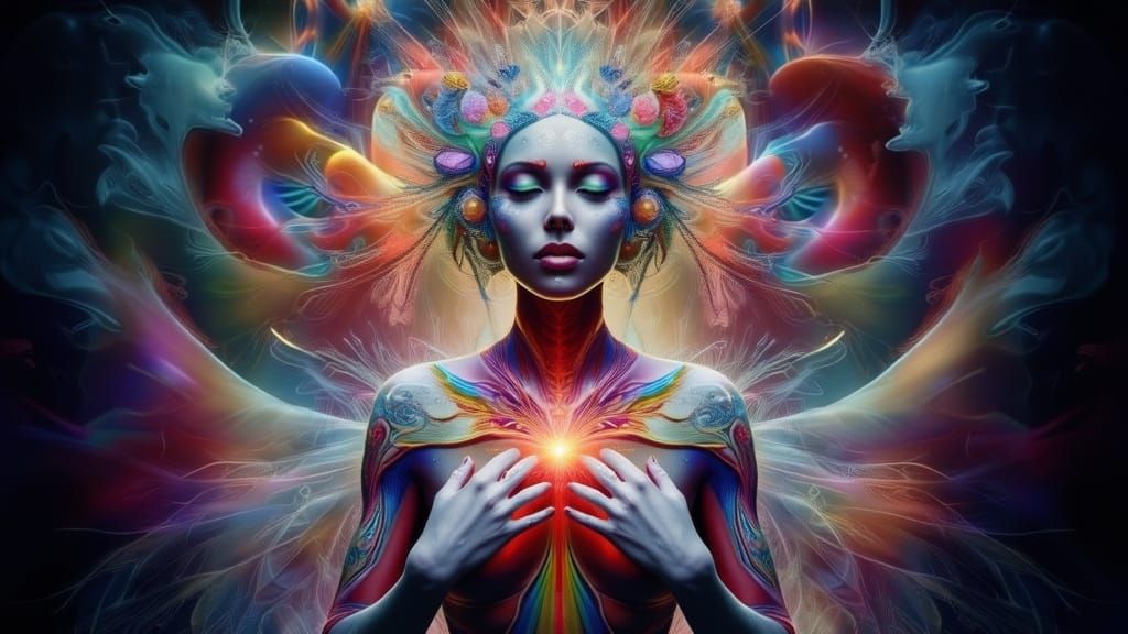 Woman in Dreamlike Landscape, Hyper-Realistic 3D Style