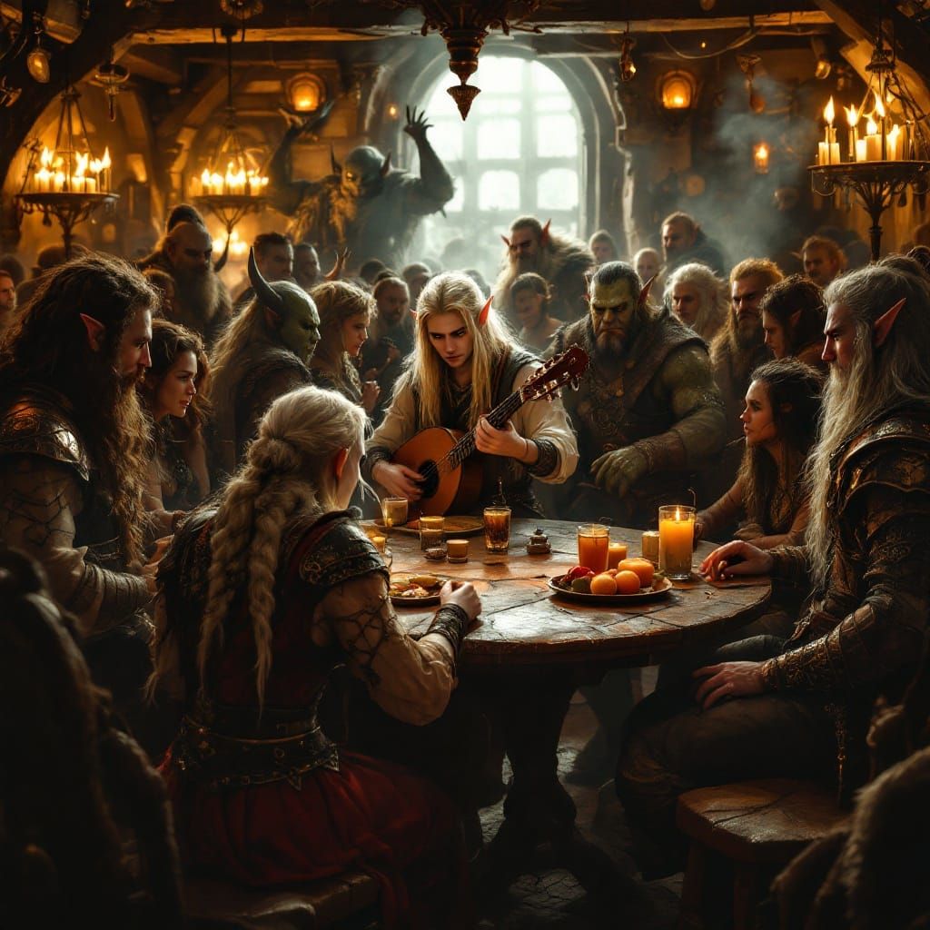 Medieval Tavern Scene with Diverse Patrons and a Lute-Playin...