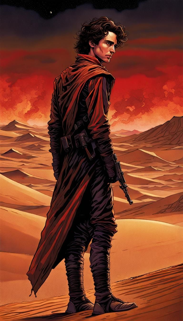 Surreal Paul Atreides Profile in Dark, Desolate Dune Landsca...