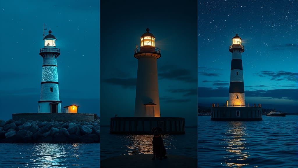 Hyperrealistic Lighthouses: Triptych of Day and Night