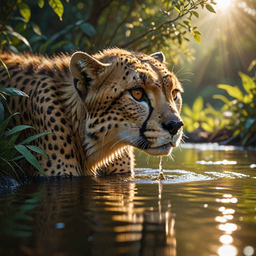 *Front facing* beautiful stunning cheetah *on the bank of a river* *head down* to *drink* surrounded by beautiful dense ...