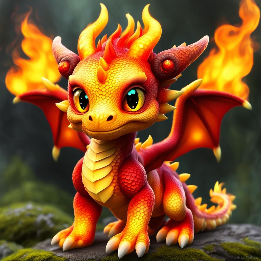 Whimsical Baby Fire Dragon with Soft Scales and Innocent Eye...