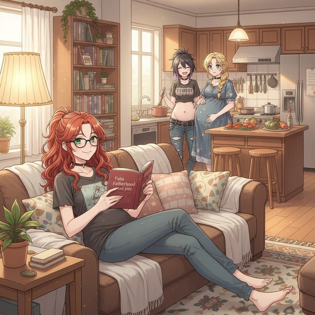 Shoujo Anime Scene: Woman Reading in Cozy Living Room