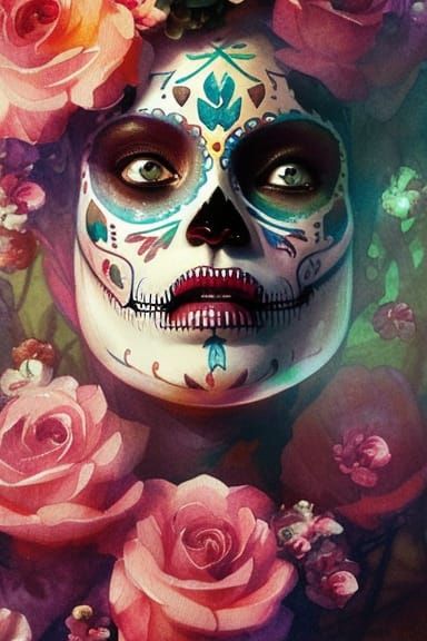 Vibrant Day of the Dead Watercolor Portrait