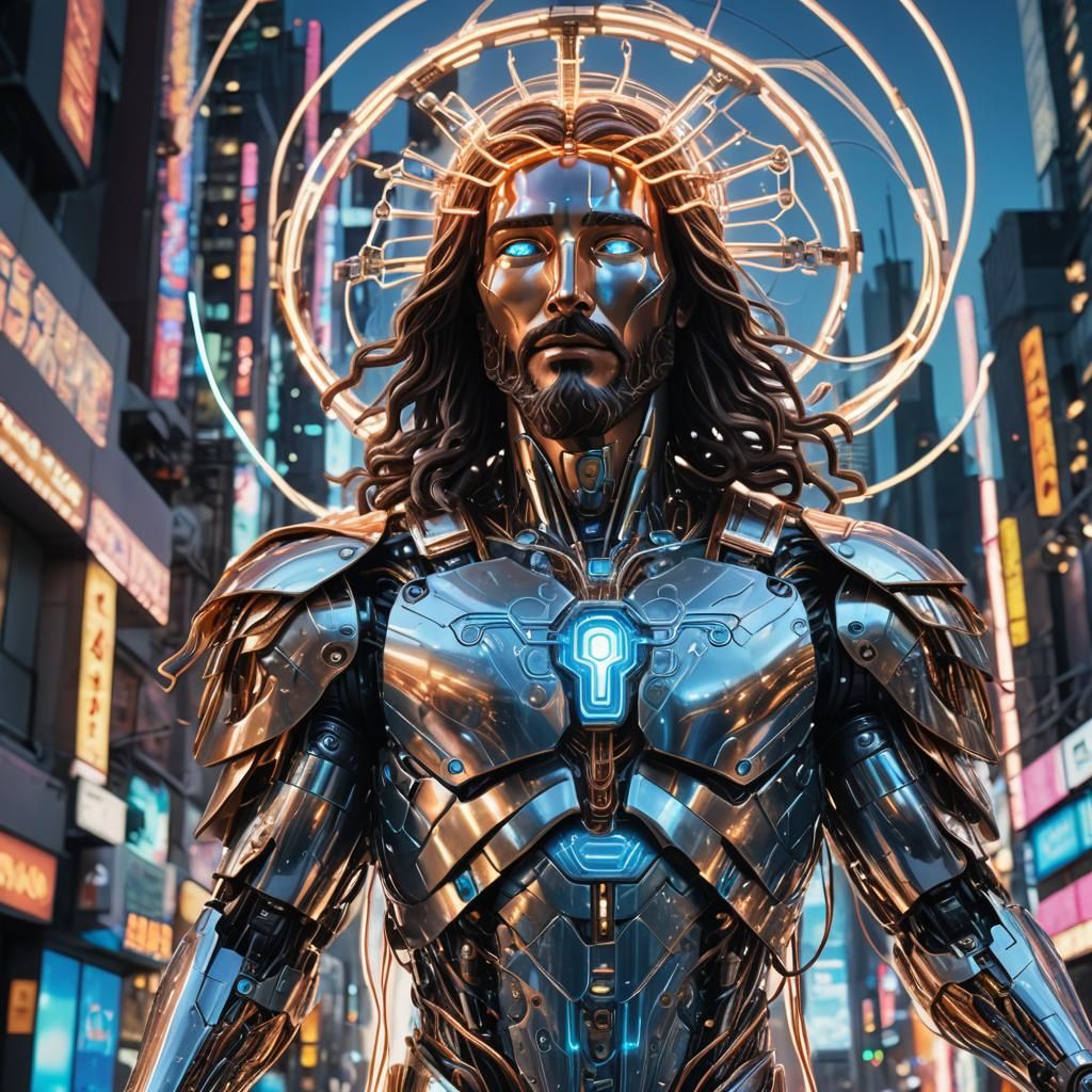 Robotic Jesus Christ Returns in Futuristic Neon Metropolis