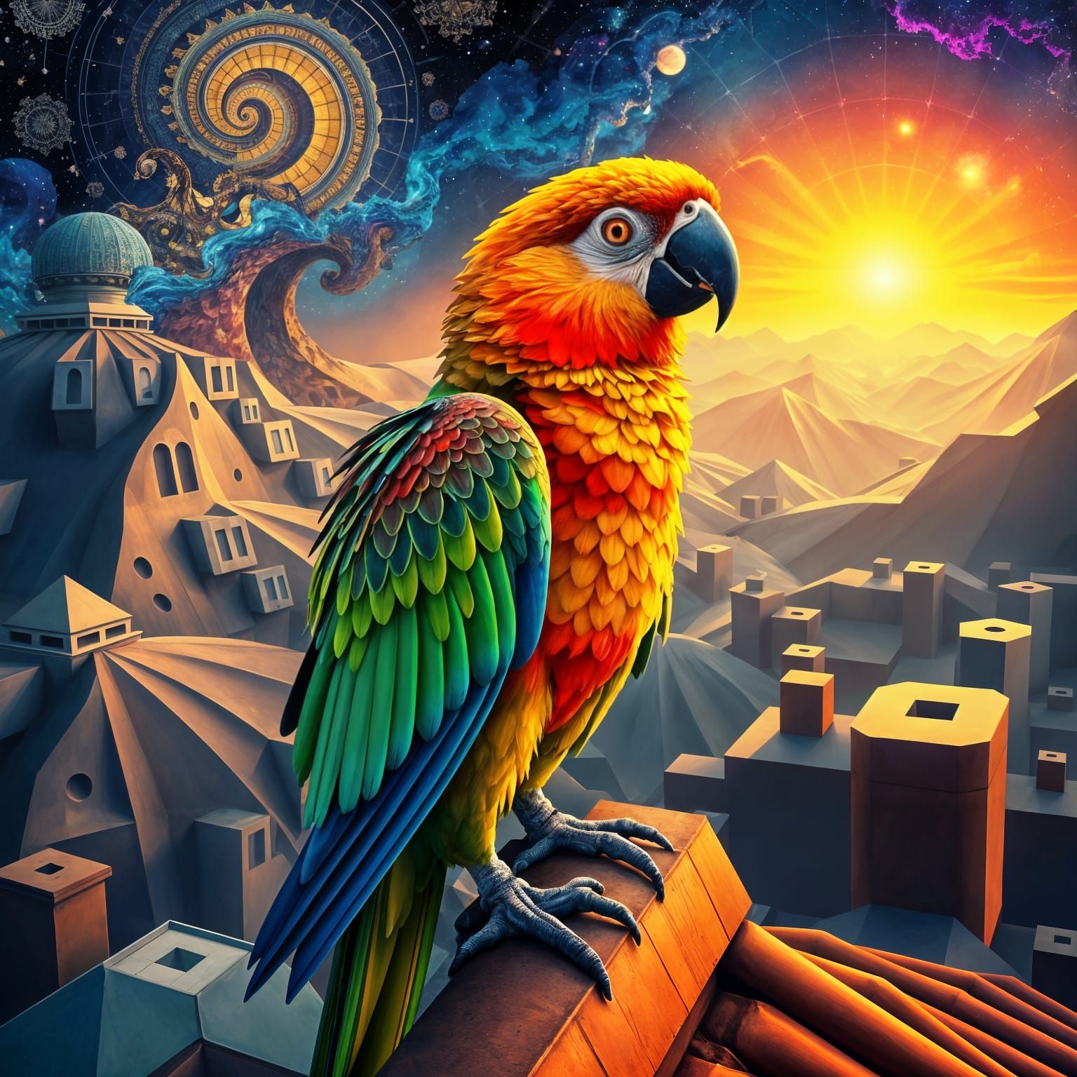 Surreal Parrot Transforms Reality with Geometric Patterns