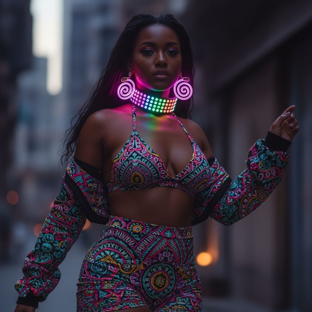 Curvy Woman in Vibrant Outfit with Futuristic Accessories