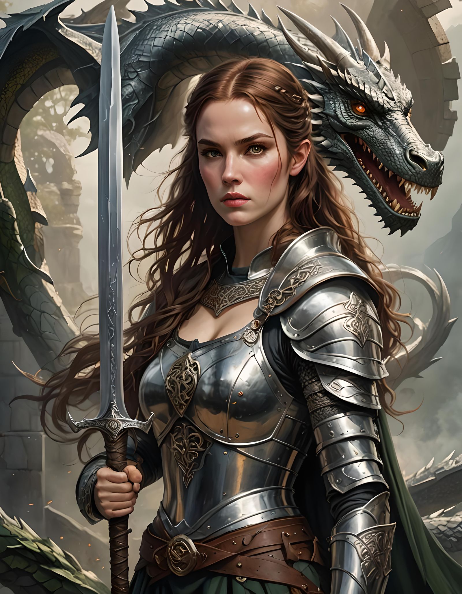 Celtic Warrior Confronts Fierce Dragon in Half Body Portrait