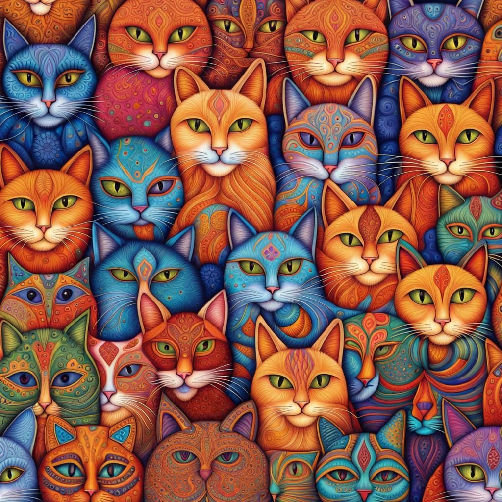 Vibrant Cats Entwined in Whimsical Mandala