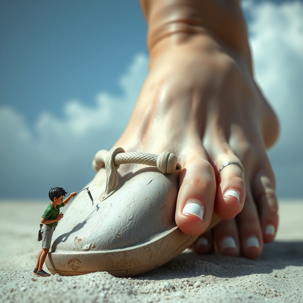 Miniature Man Cleans Gigantic Flip Flop in Realistic Landsca...