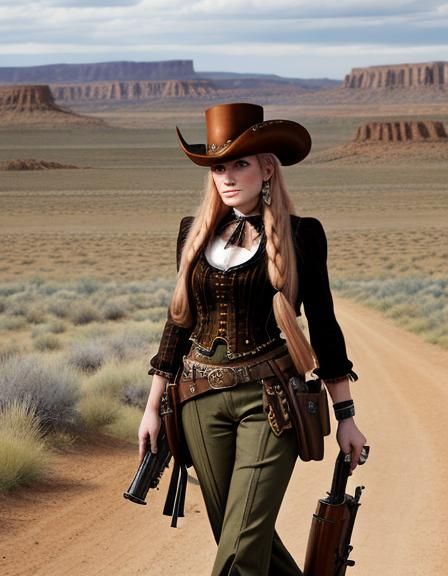Steampunk Identical Twin Rider in 19th Century Western Attir...
