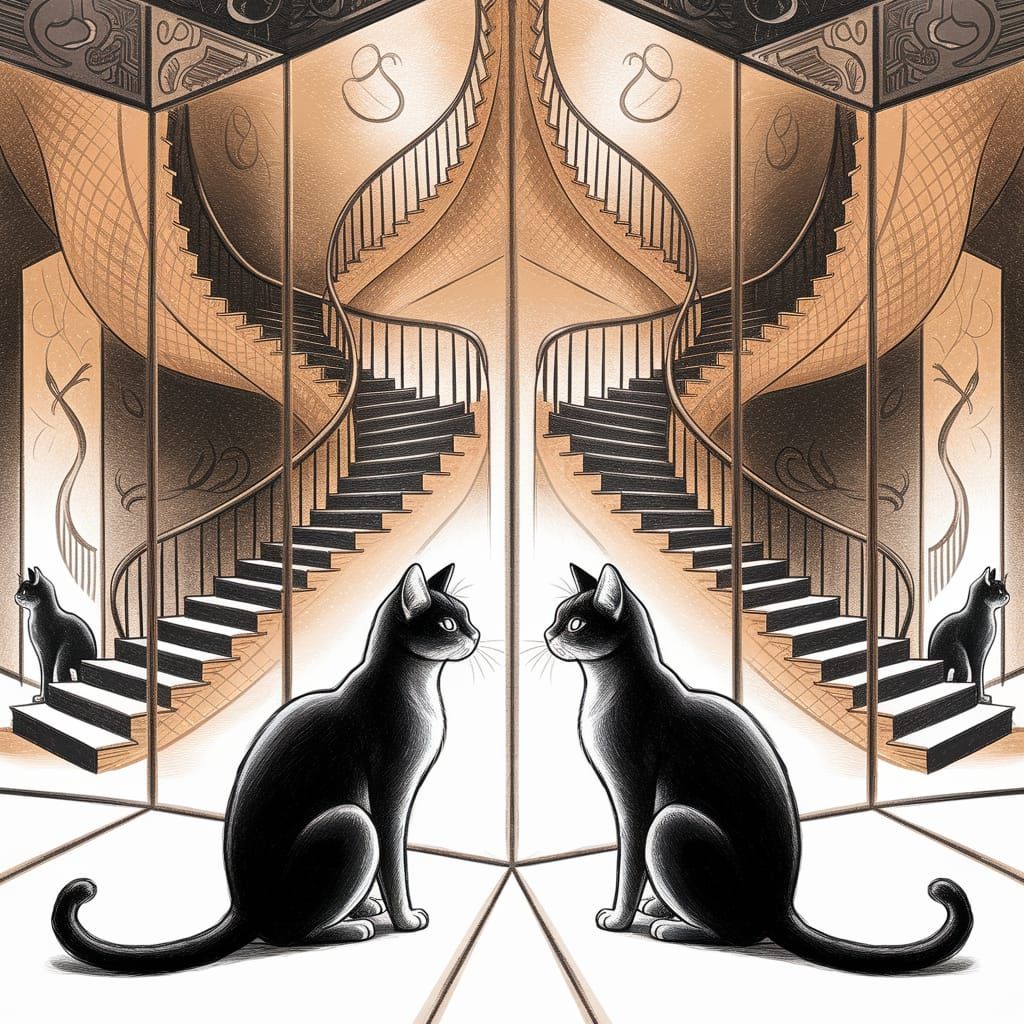 Cat Enthralled by Whimsical Reflections in Grand Mansion