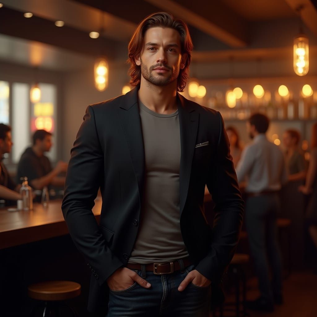 Muscular Man in Blazer at High-End Bar