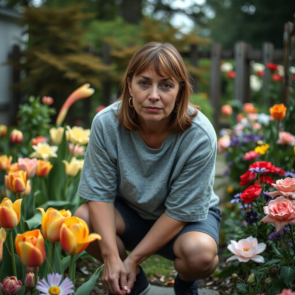 Silly Woman Gardening with Tulips and Roses