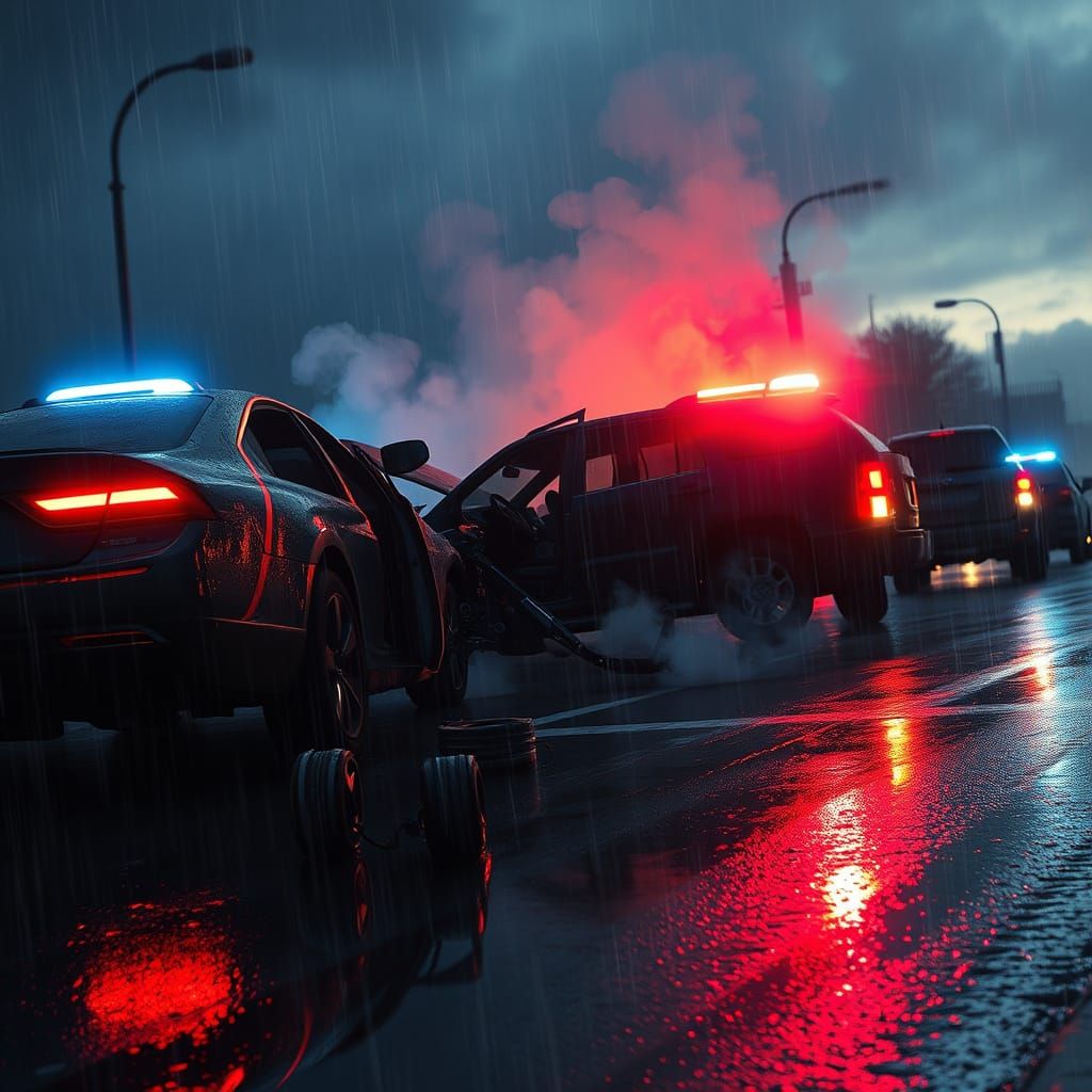 Car Accident at Dusk with Emergency Lights