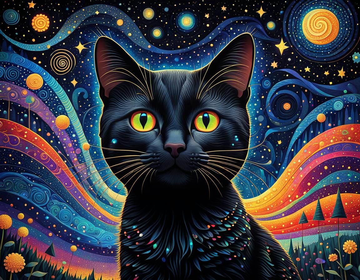 Whimsical Black Cat under Celestial Vortex