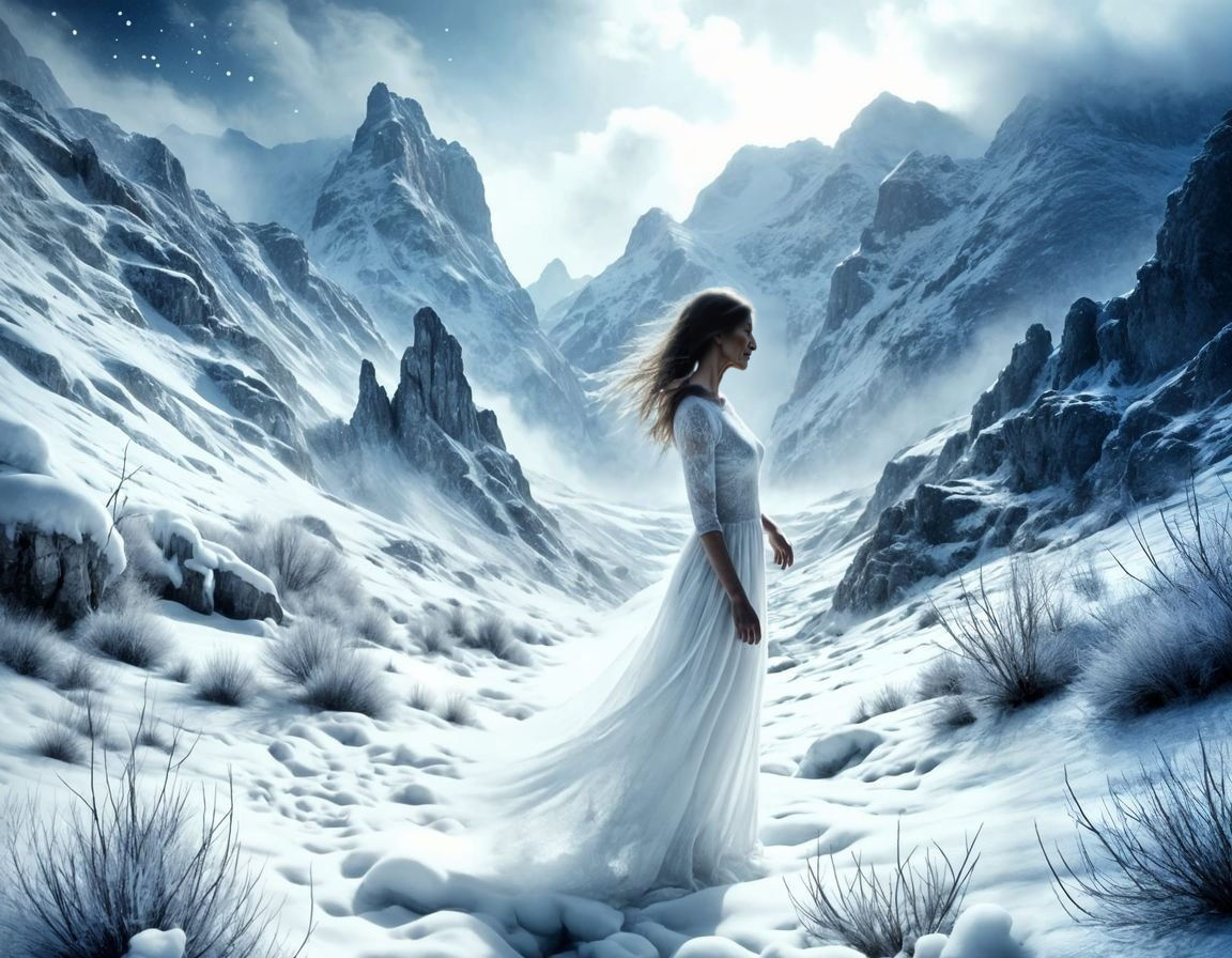 Woman in Snowy Mountains, Watercolor Portrait