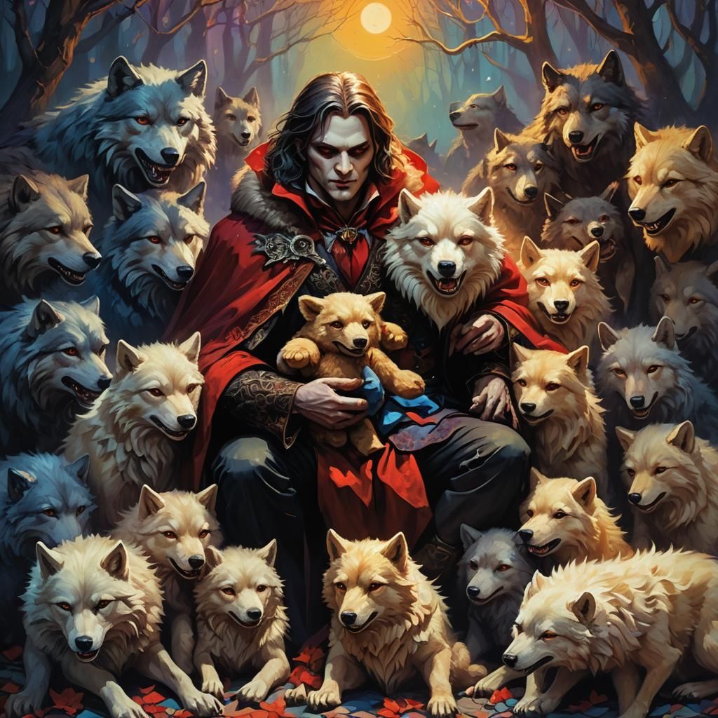 Vampire and Wolves with Comforting Teddy Bear in Vibrant Oil...