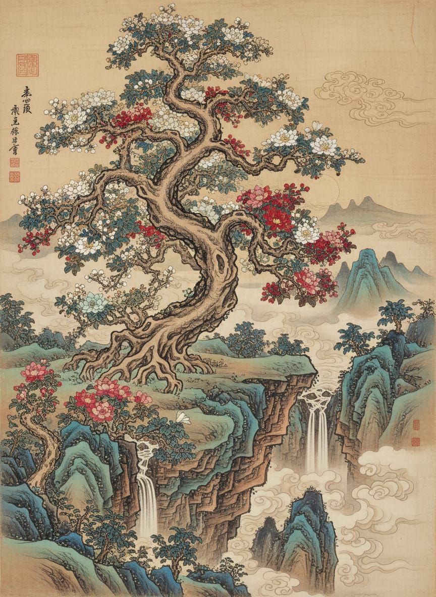 Ancient Flowering Tree in Chinese Gongbi Style