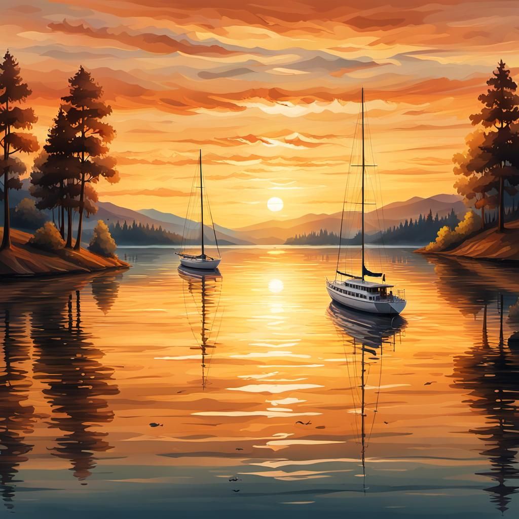 Serenity at Sunset: Sailboats on a Tranquil Lake Landscape i...