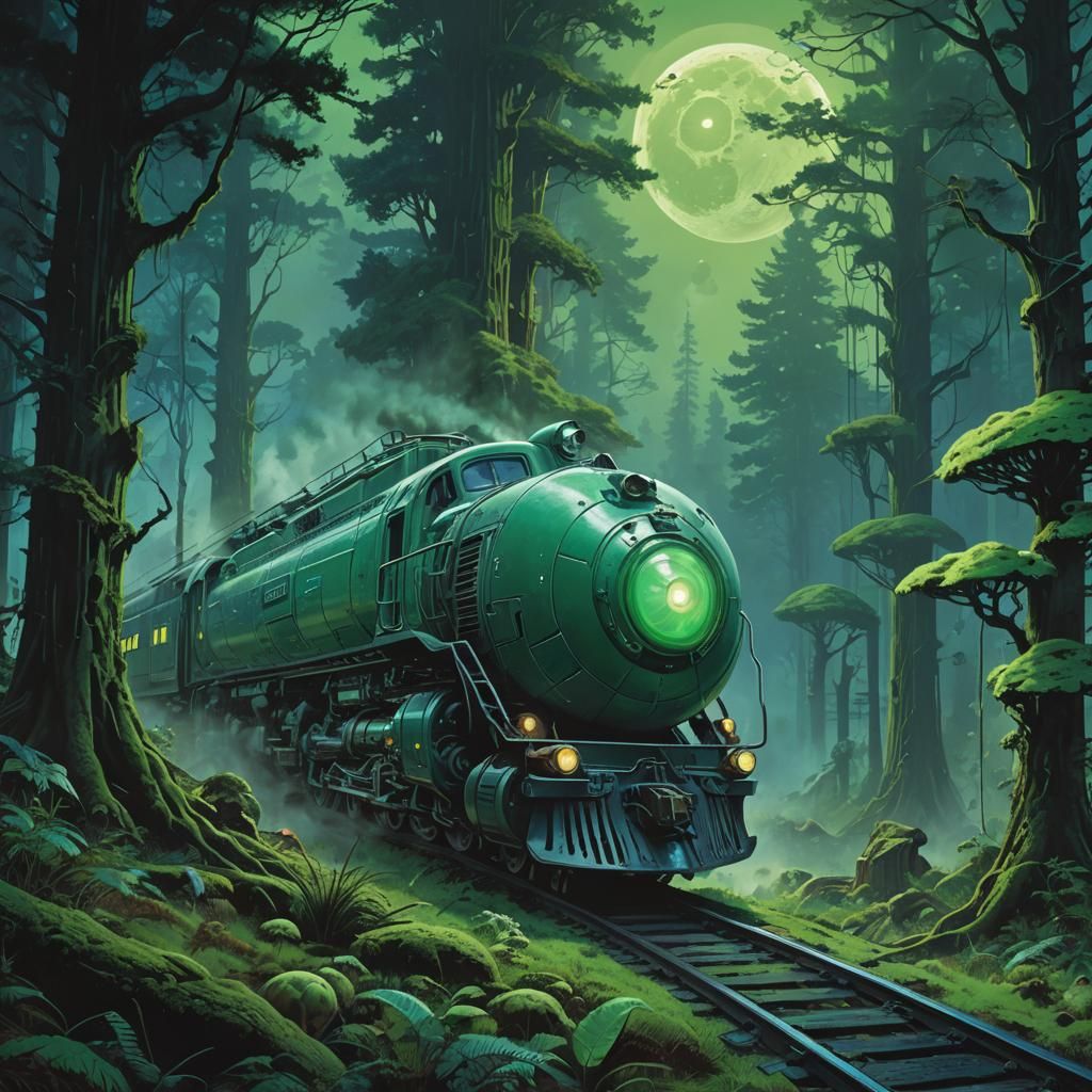 Ethereal Nuclear Train Speeds Under Vibrant Green Moon