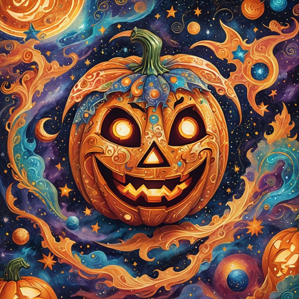 Surreal Cosmic Jack-o'-Lantern Illuminates Vibrant Astral Pl...