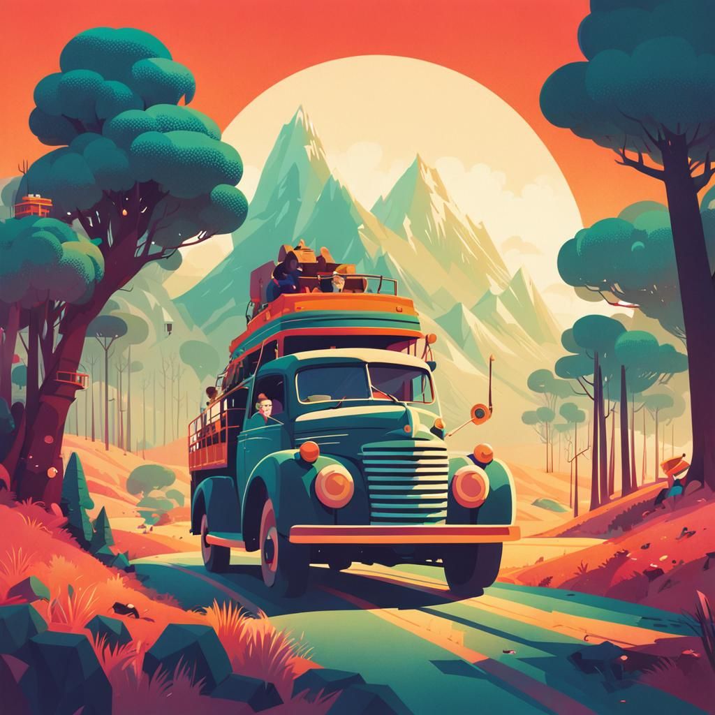 Vibrant Roadtrip Scene with Intricate Details