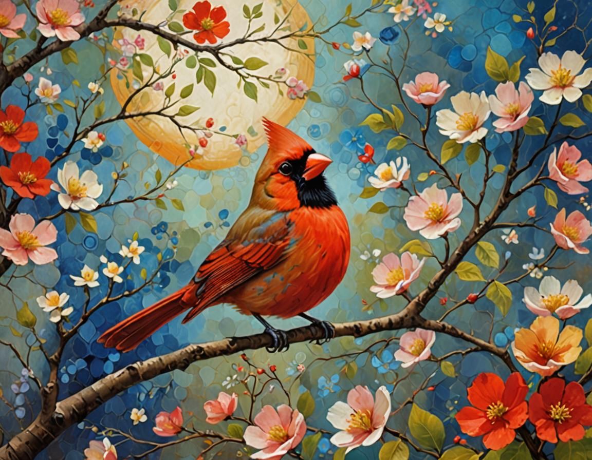 Sitting Cardinal in Vibrant Floral Landscape