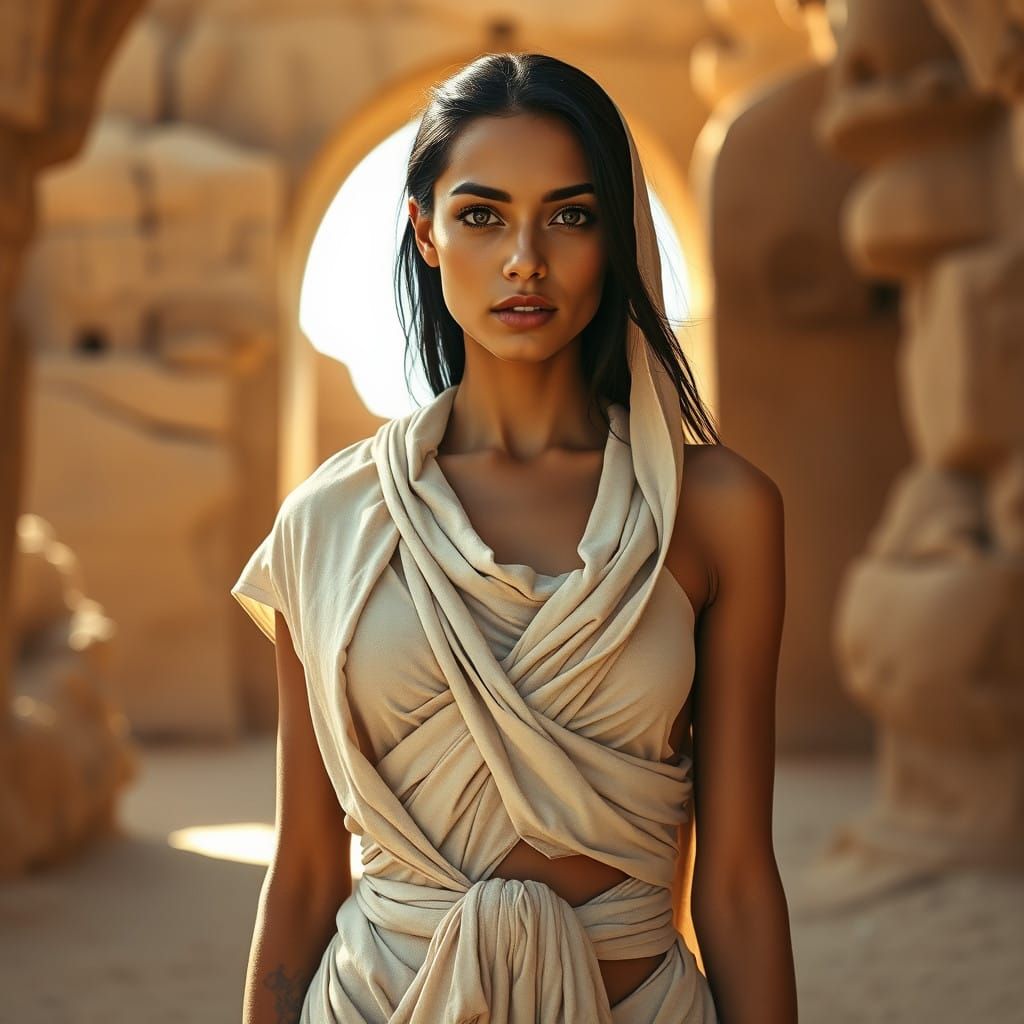 Ancient Desert Goddess in Soft Beige Attire