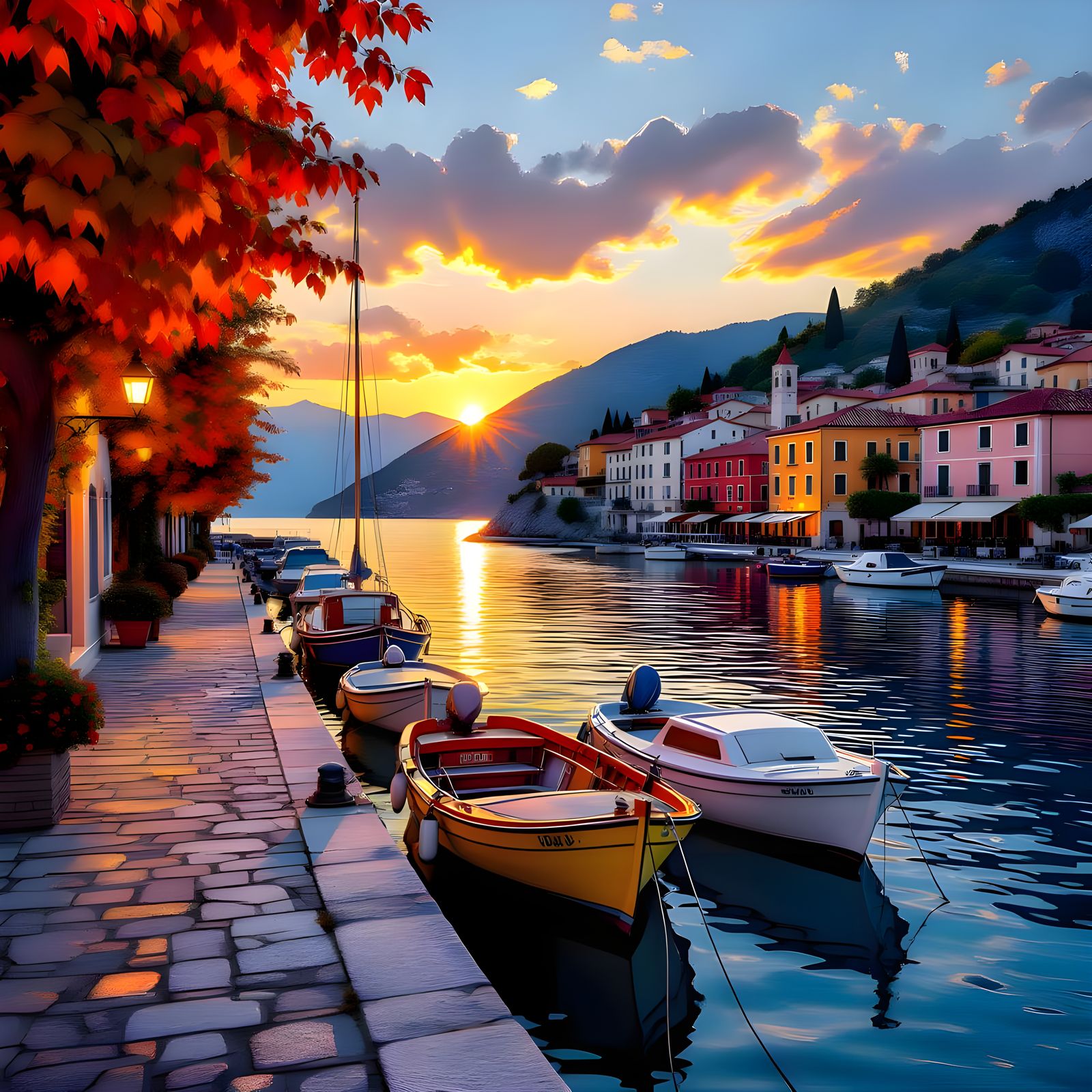 A beautiful Harbour with  boats docked, yachts in Acciaroli Italy, a beautiful fall night with fall leaves alot the dock...