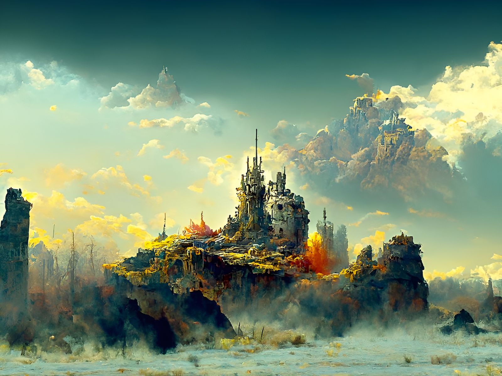 Surreal Post-Apocalyptic Castle Amidst a Hellscape of Fire a...