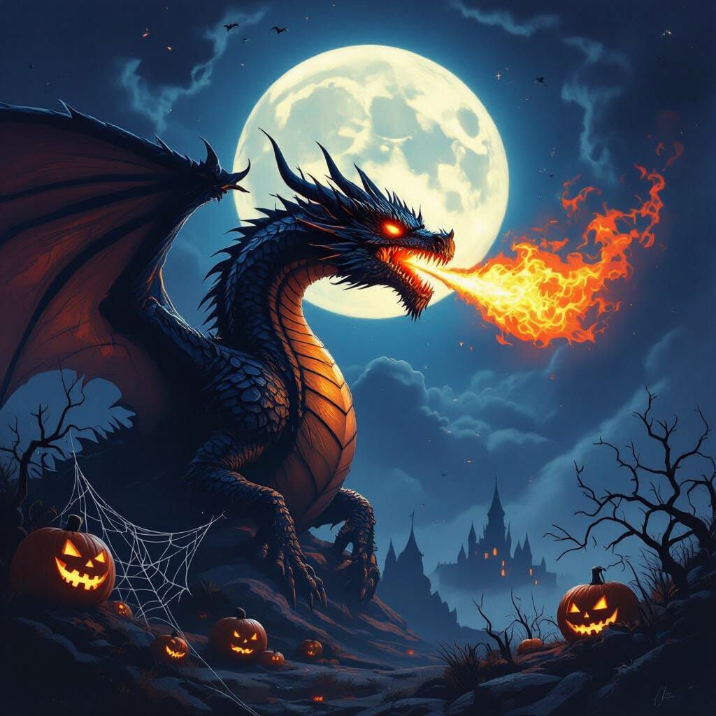 Fearsome Dragon Breathes Fire on Halloween Night