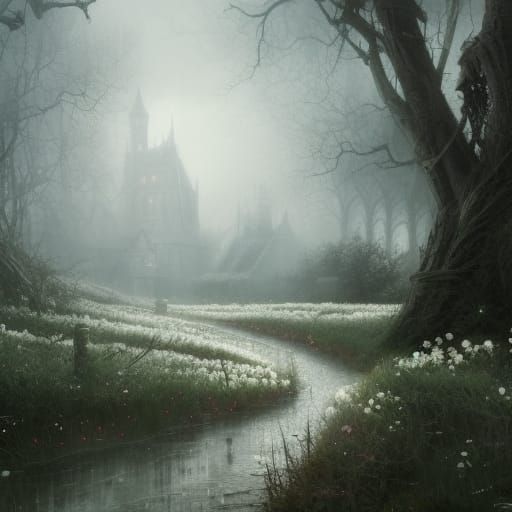 Gothic Rose Field under Dark Sky, Hyperdetailed Fantasy Art
