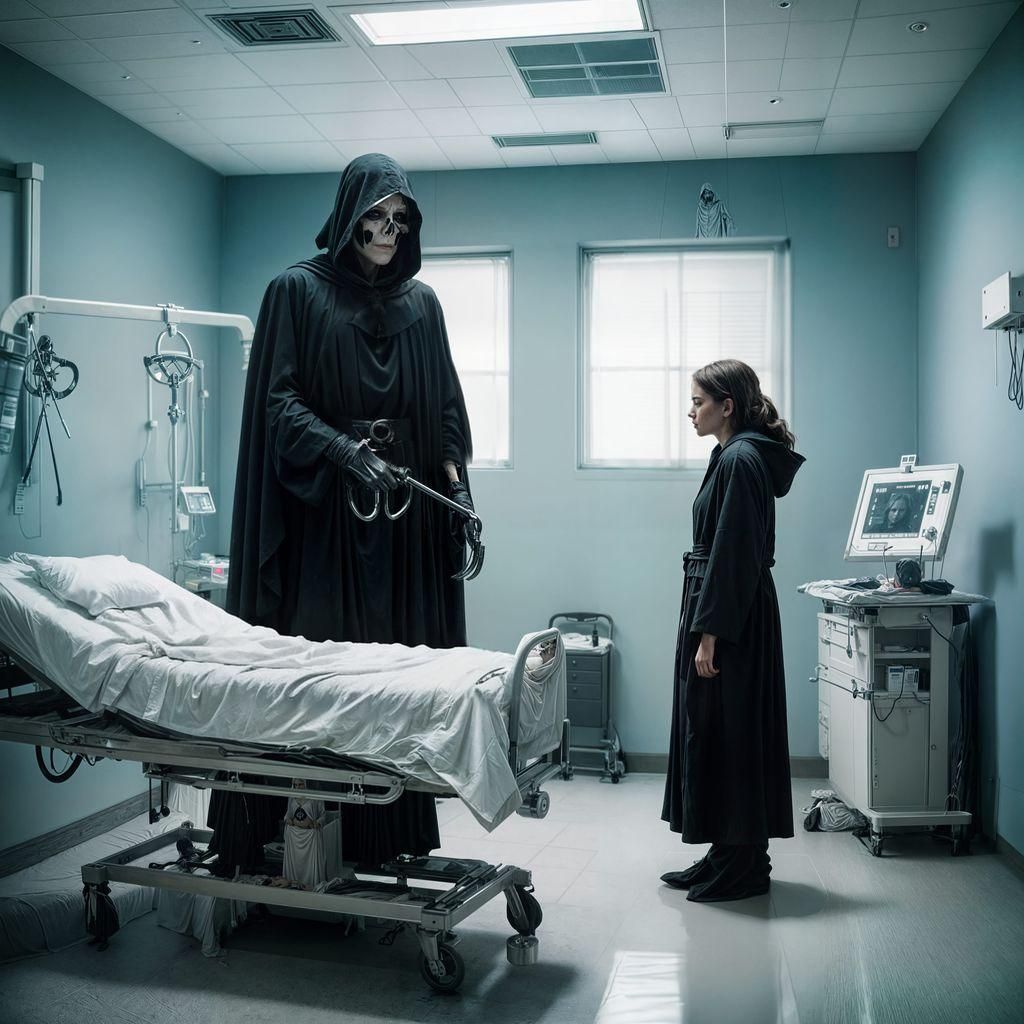 Grim Reaper Over Dying Girl: Cinematic Film Still