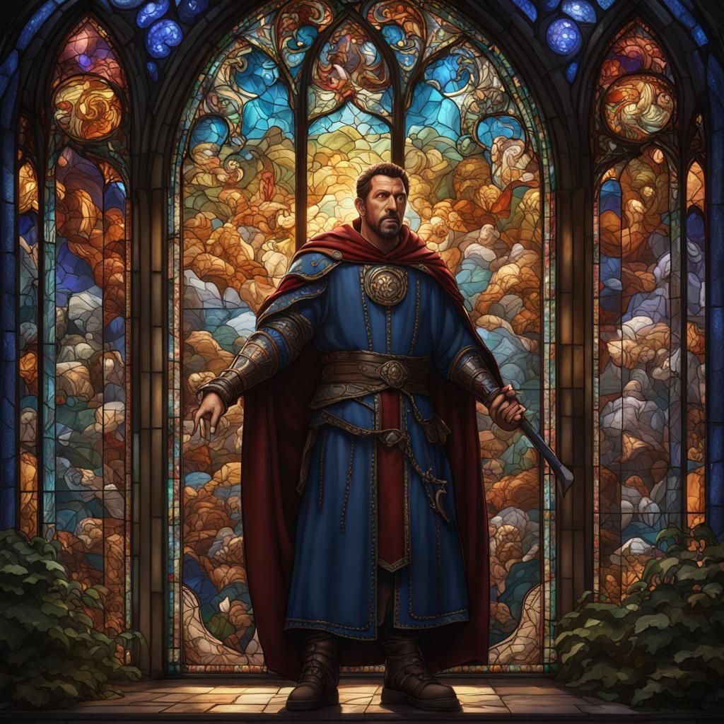 Adam Sandler as a Majestic Wizard in Front of a Vibrant Stai...