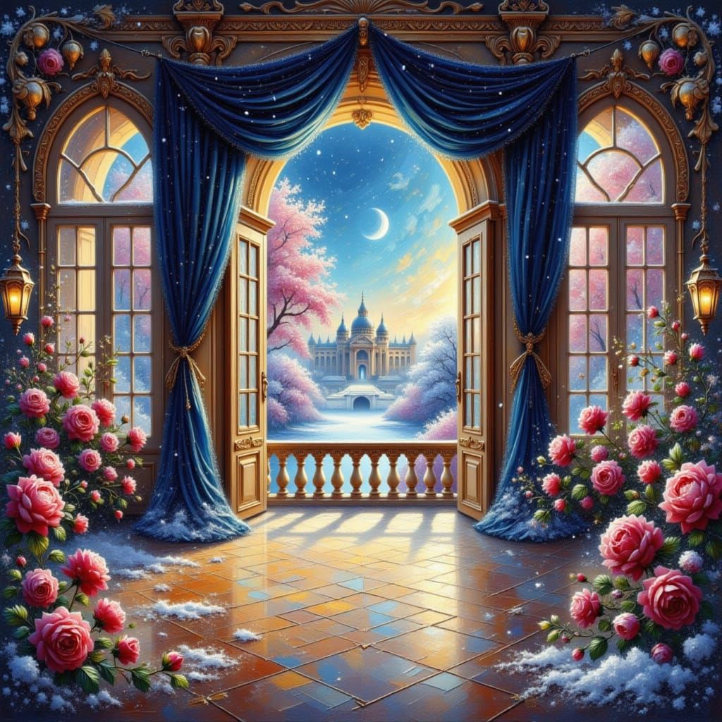 Grand Empty Ballroom Opens to Winter Garden Balcony