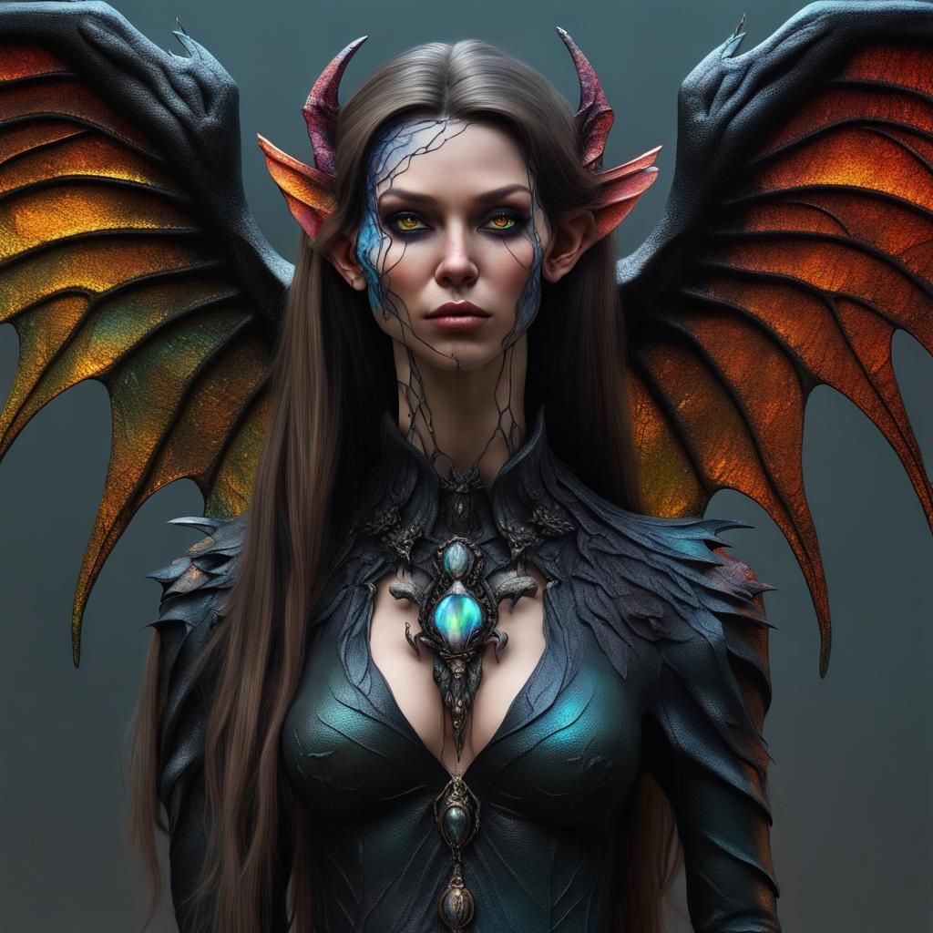 Gothic Female Gargoyle Hybrid in Vibrant Oil Slick Colors