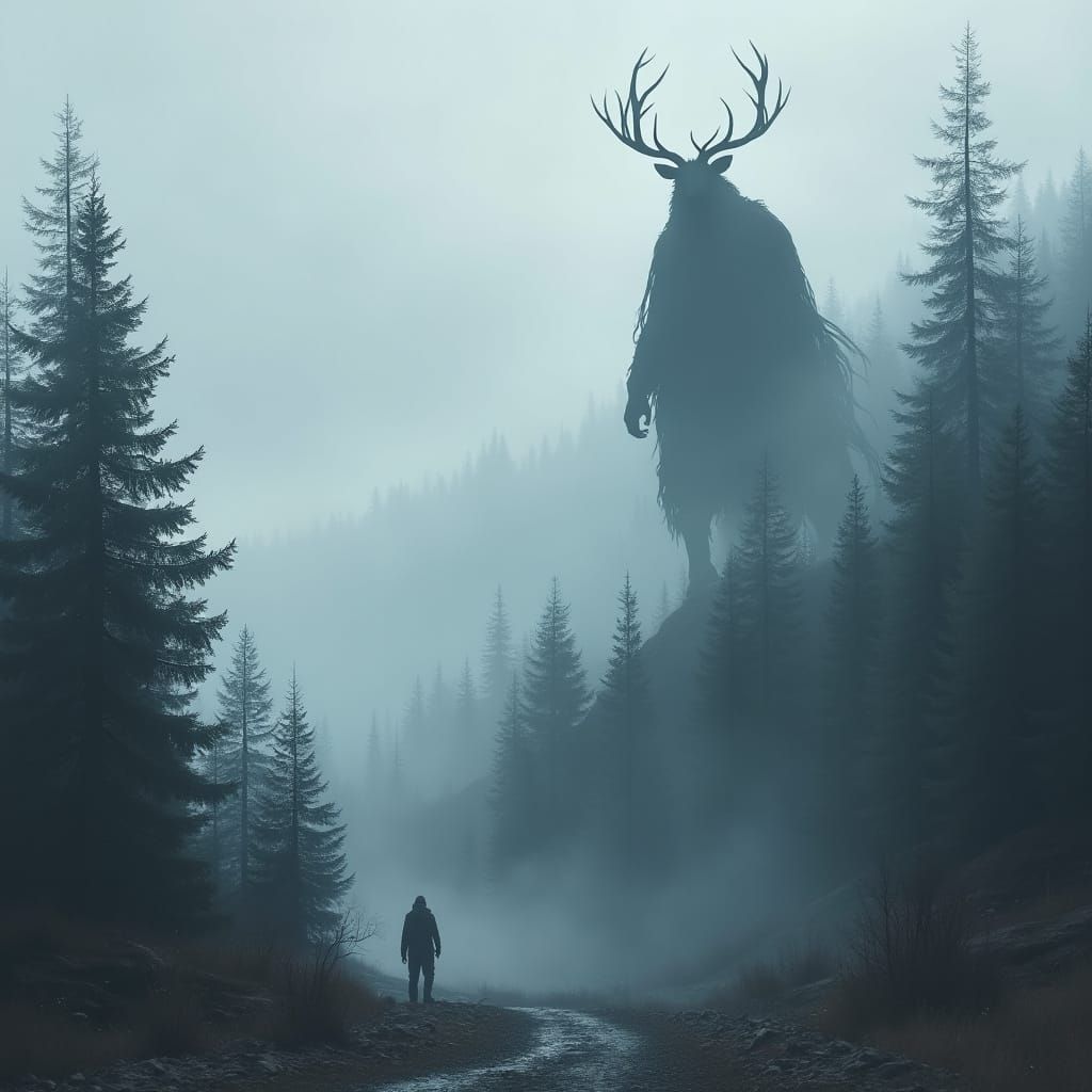 Mystical Forest Spirit Amidst Winter Fog