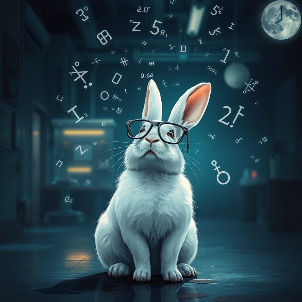 Sad Rabbit in Lab with Floating Math Symbols