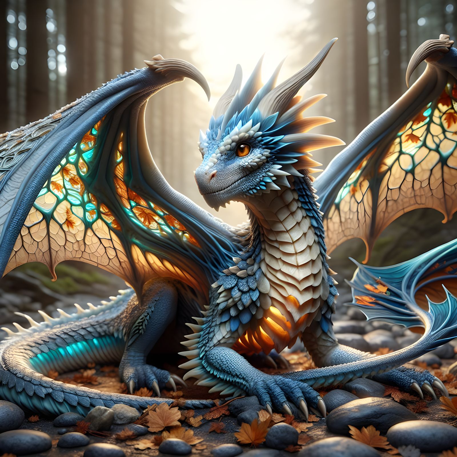 Magnificent Sky Blue Dragon in Autumn Landscape