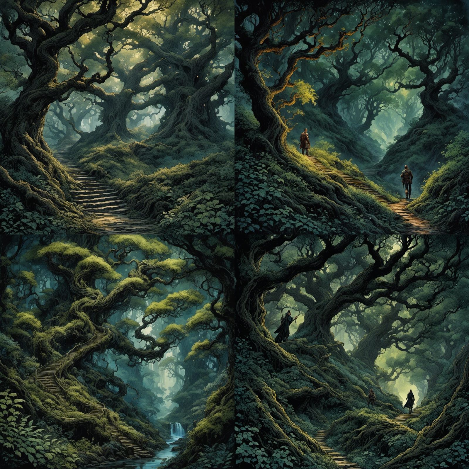 Surreal Fantasy Forest Unveils Dark Secrets in Bold Lines an...