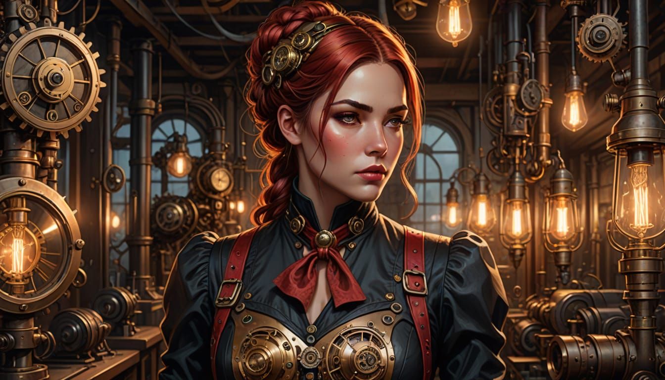 Steampunk Woman in Workshop: Hyperrealistic Digital Art