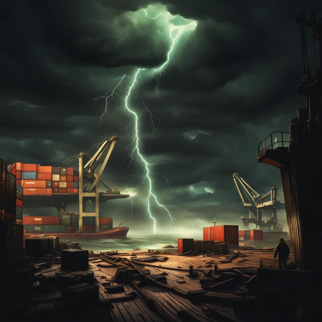 Post-Apocalyptic Cargo Ship in Turbulent Stormy Weather